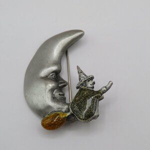 Silver Tone Moon with Glitter Witch Riding Broom Brooch Pin